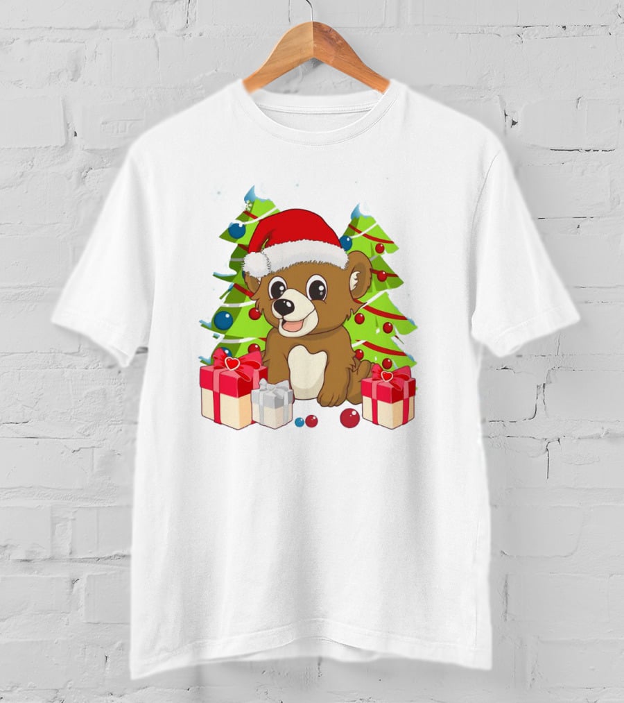 Santa Cute Bear With Christmas Trees And Presents T-Shirt