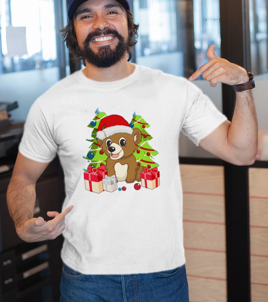 Santa Cute Bear With Christmas Trees And Presents T-Shirt