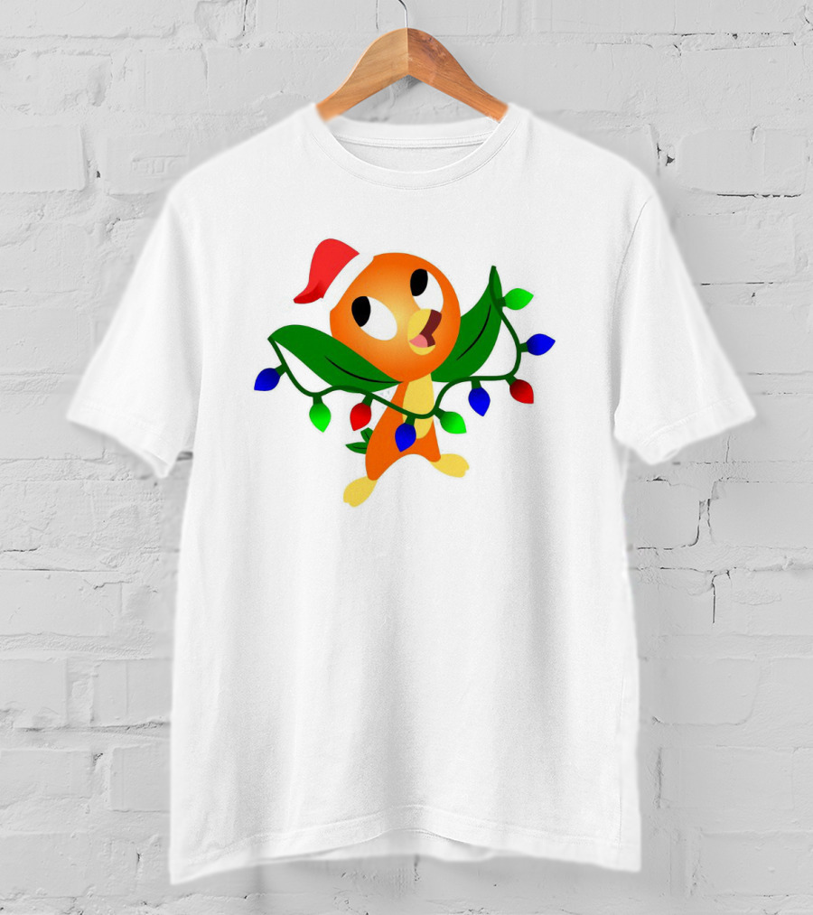 Think Christmas Thoughts Orange Bird With Santa Hat And Festive Lights T-Shirt