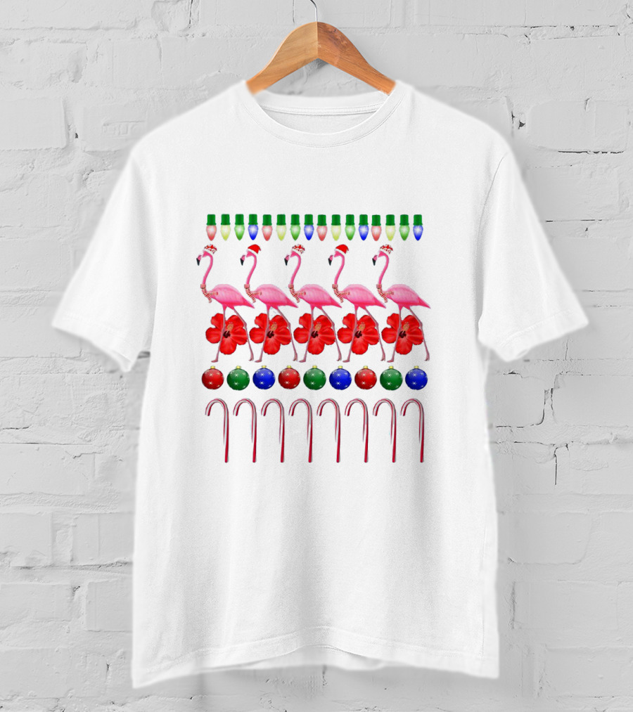 Ugly Christmas Pink Flamingo With Festive Lights Hibiscus Ornaments And Candy Canes T-Shirt