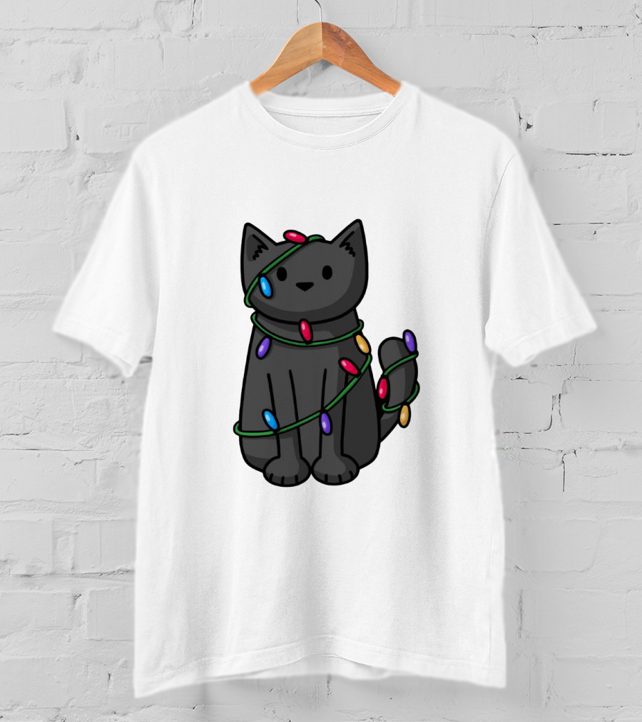 Wrapped Up In Lights Adorable Cat Tangled In Colorful Holiday String Bulbs T-Shirt