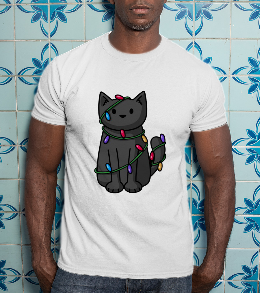 Wrapped Up In Lights Adorable Cat Tangled In Colorful Holiday String Bulbs T-Shirt