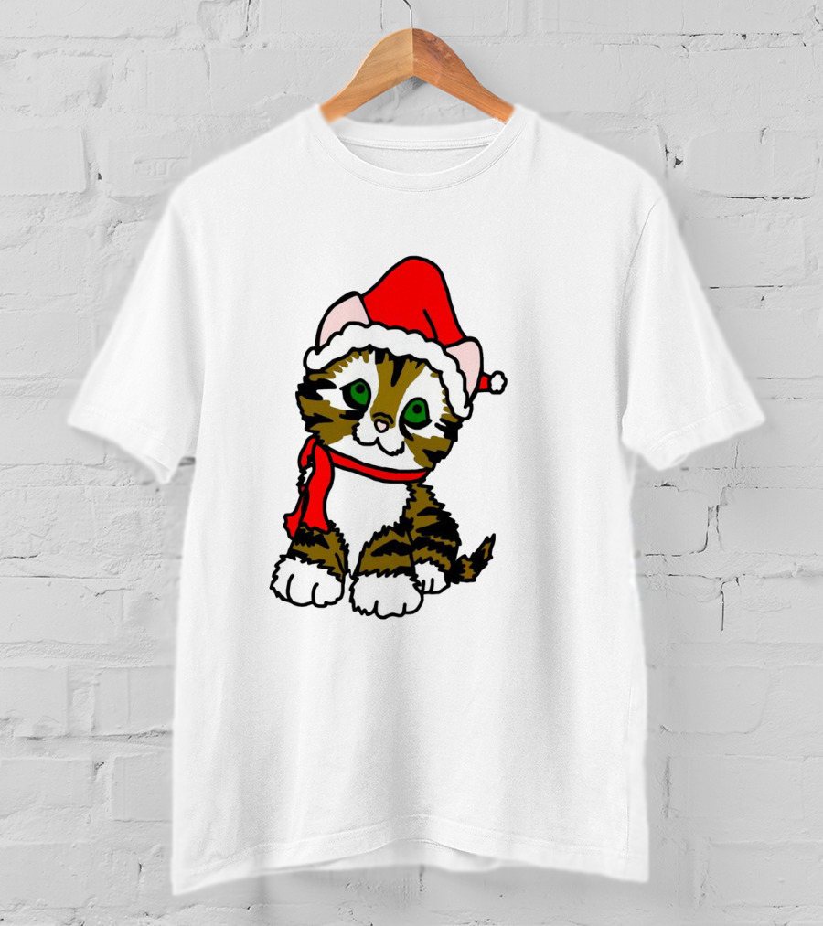 A Cute Tabby Kitten Dressed In Santa Hat And Scarf T-Shirt