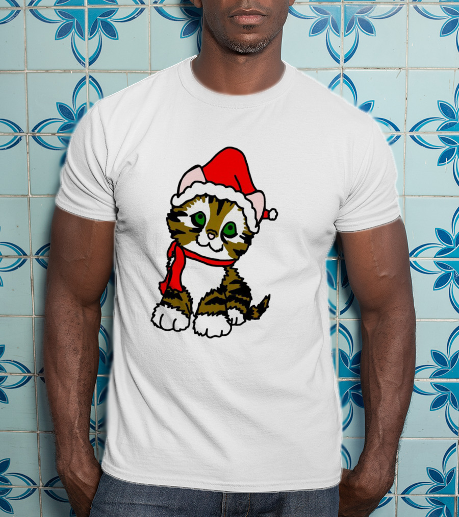 A Cute Tabby Kitten Dressed In Santa Hat And Scarf T-Shirt