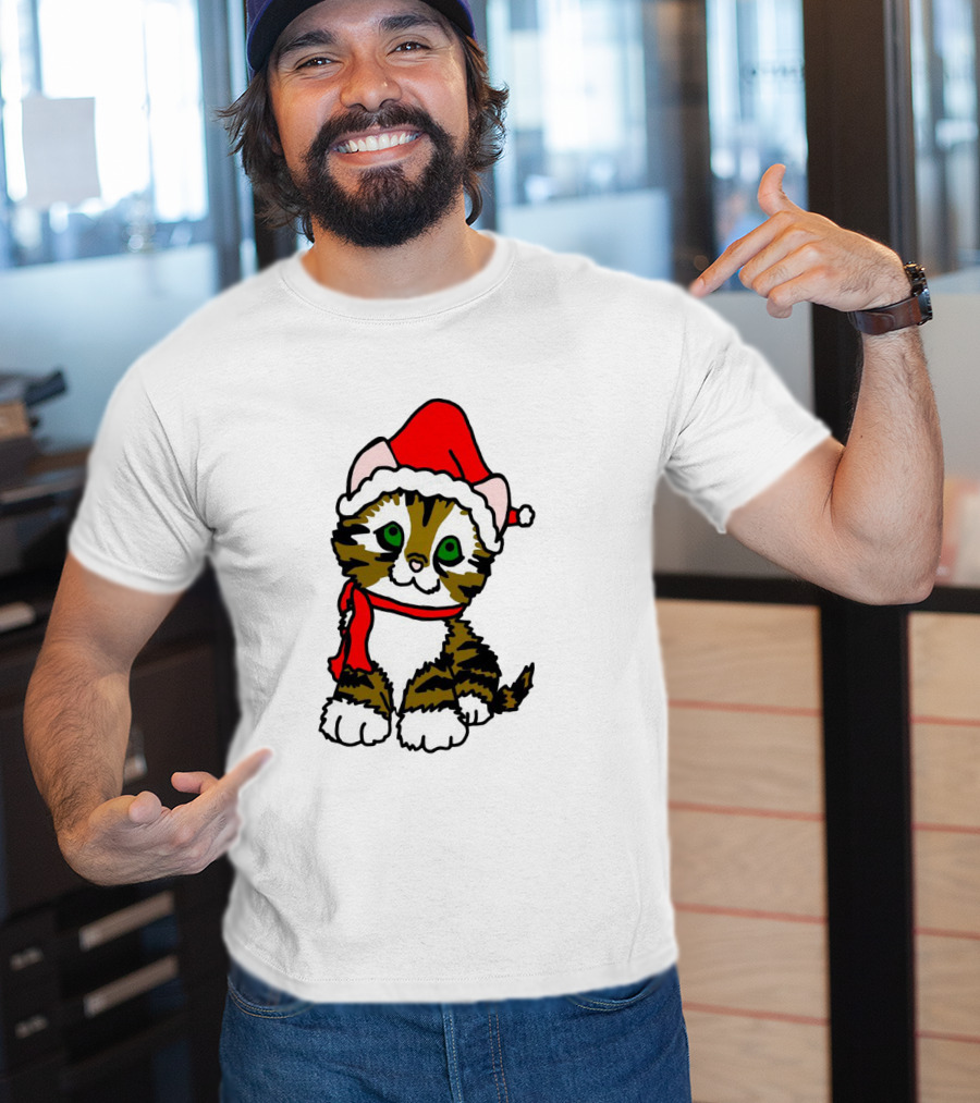 A Cute Tabby Kitten Dressed In Santa Hat And Scarf T-Shirt