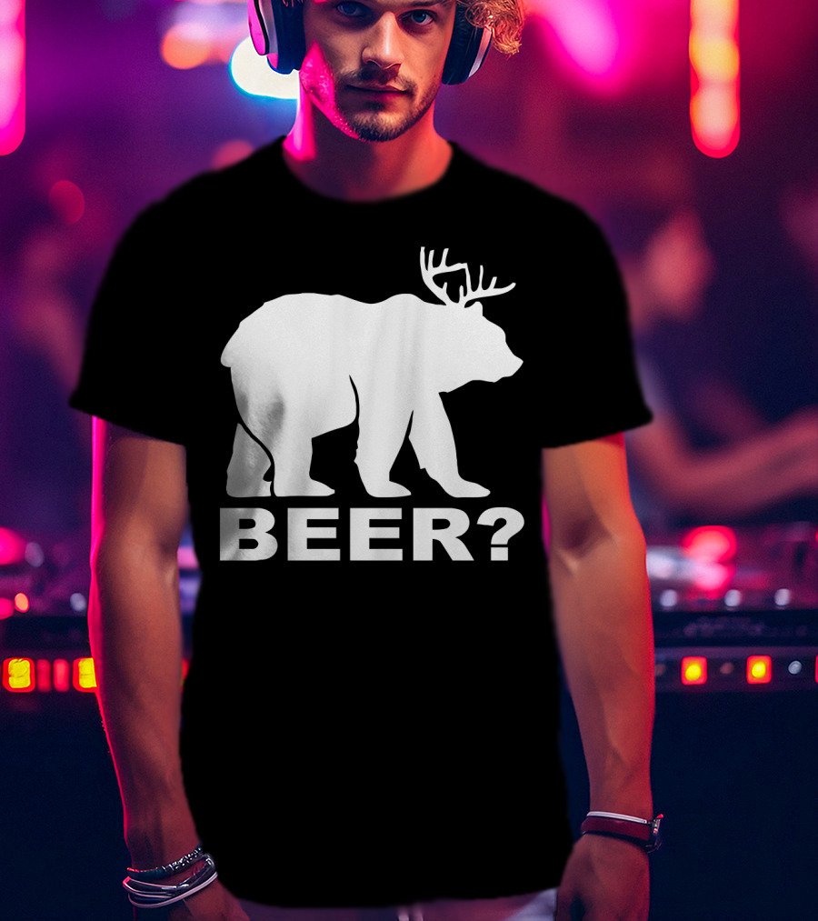 BEER Funny Drinking Party Bear With Antlers Optical Illusion T-Shirt