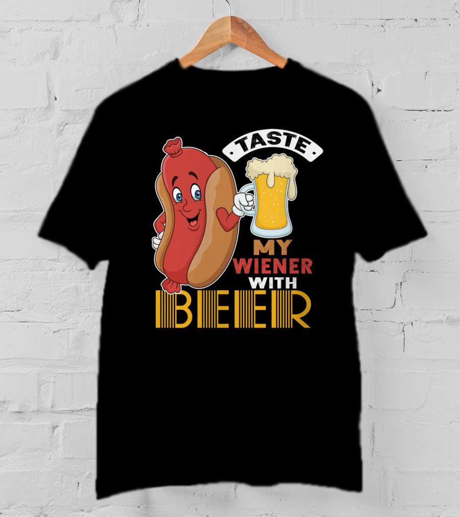 Taste My Wiener With Beer Funny Hot Dog Cartoon For Party T-Shirt