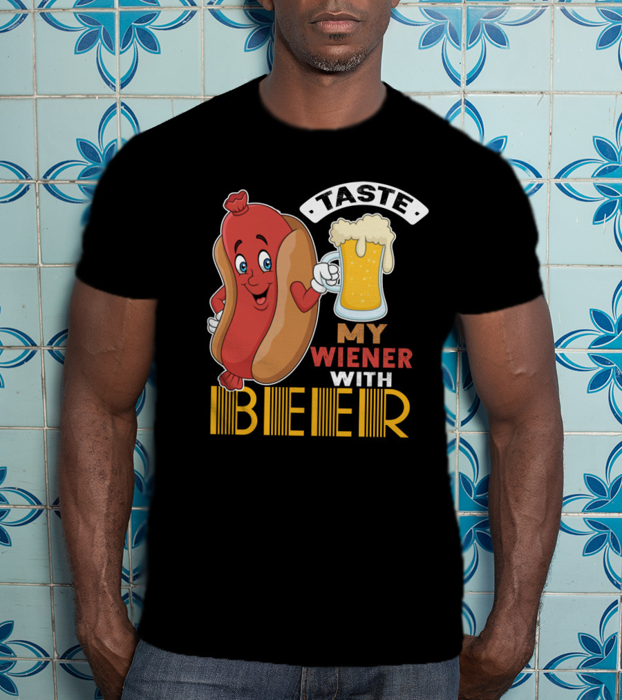 Taste My Wiener With Beer Funny Hot Dog Cartoon For Party T-Shirt