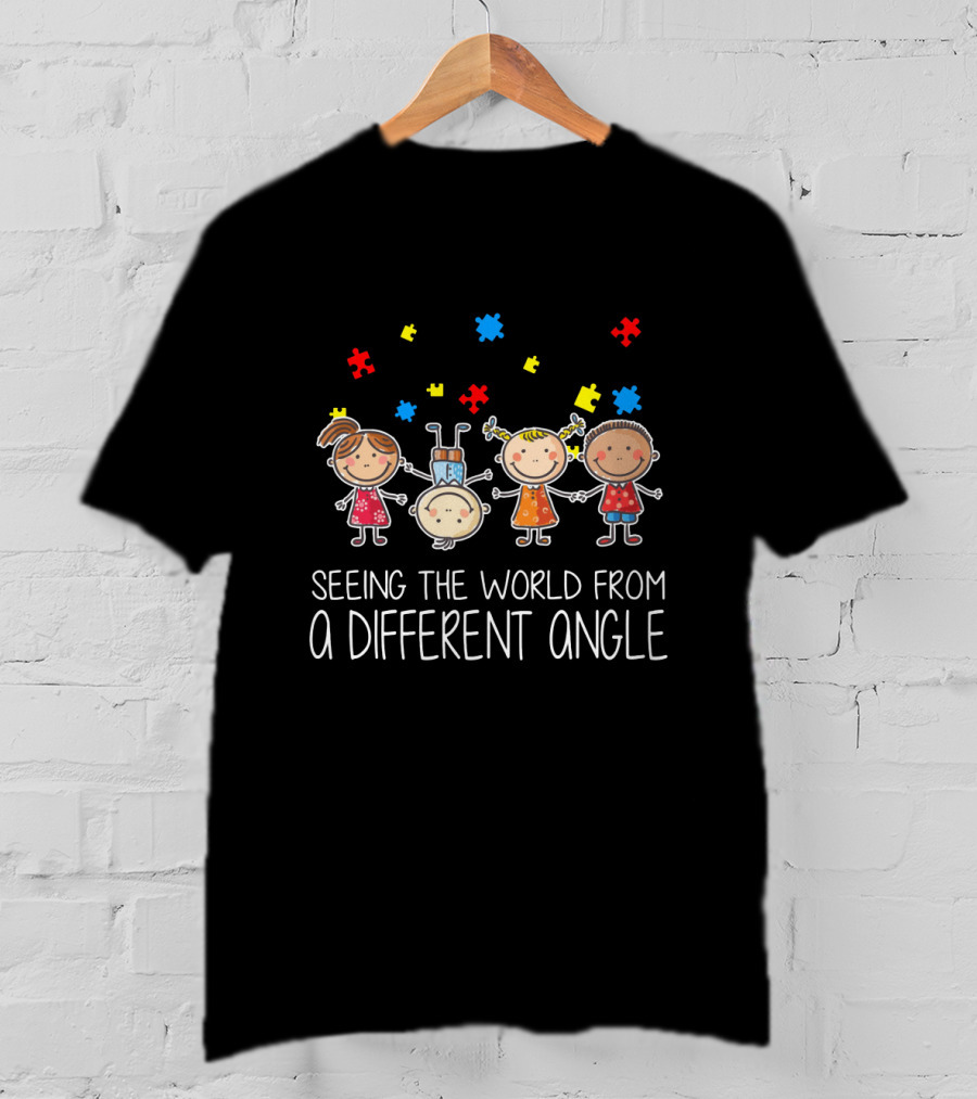 Seeing The World From A Different Angle Autism Puzzle Pieces Cartoon Kids T-Shirt