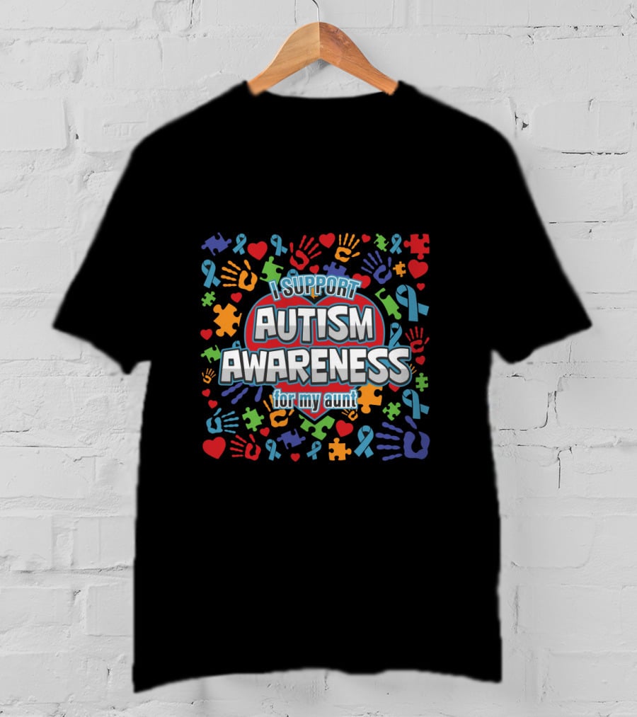 I Support Autism Awareness For My Aunt Colorful Puzzle Ribbon Hearts Hands T-Shirt