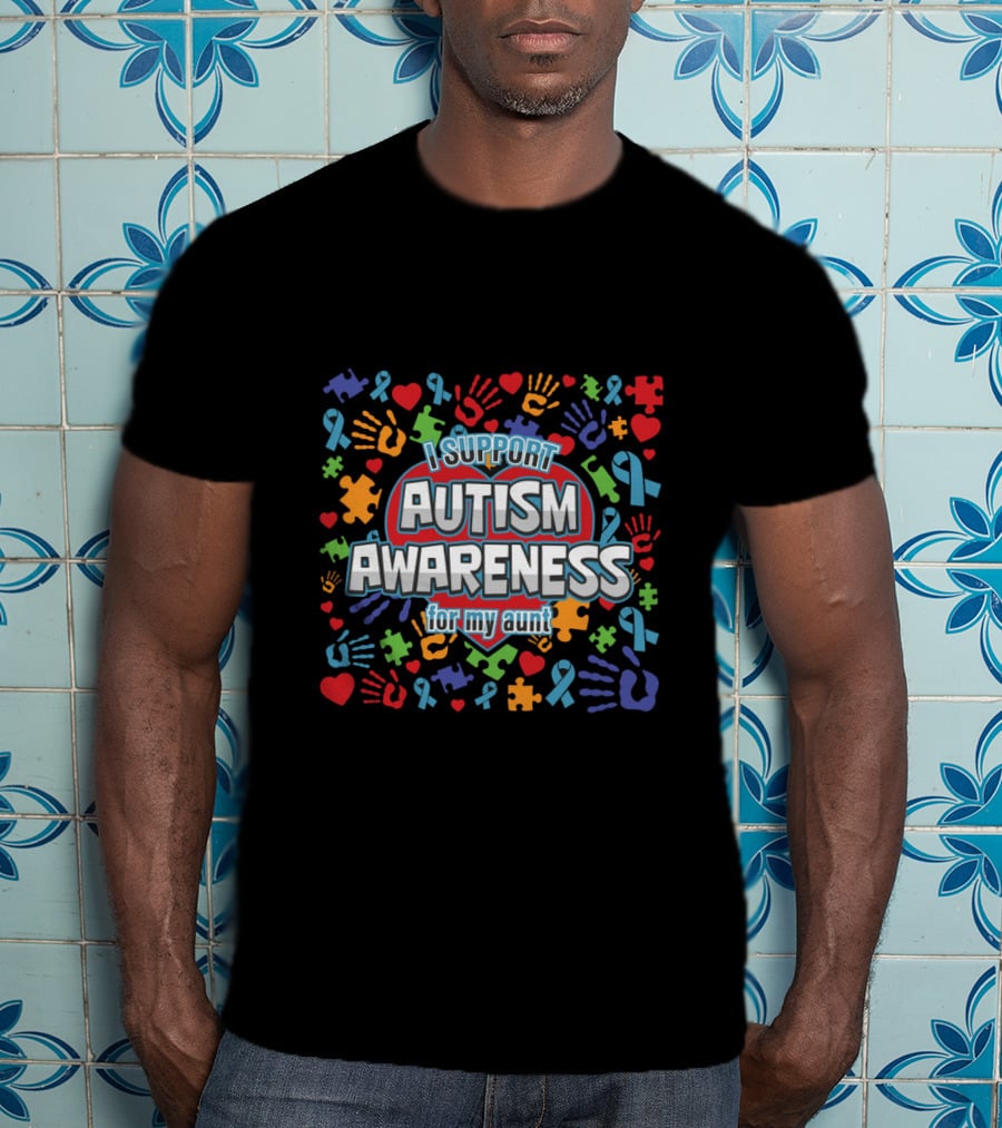 I Support Autism Awareness For My Aunt Colorful Puzzle Ribbon Hearts Hands T-Shirt