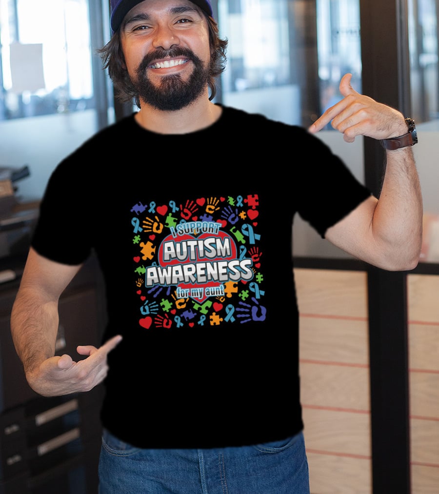 I Support Autism Awareness For My Aunt Colorful Puzzle Ribbon Hearts Hands T-Shirt