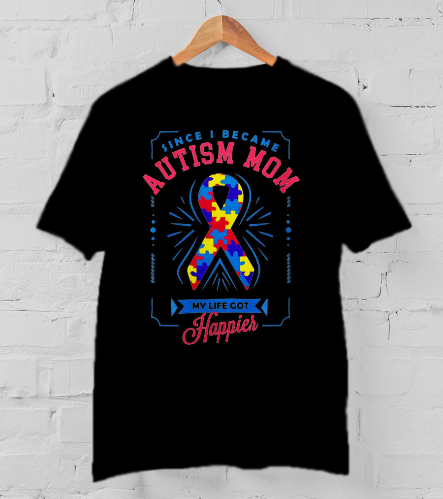 Since I Became Autism Mom My Life Got Happier Ribbon Puzzle T-Shirt