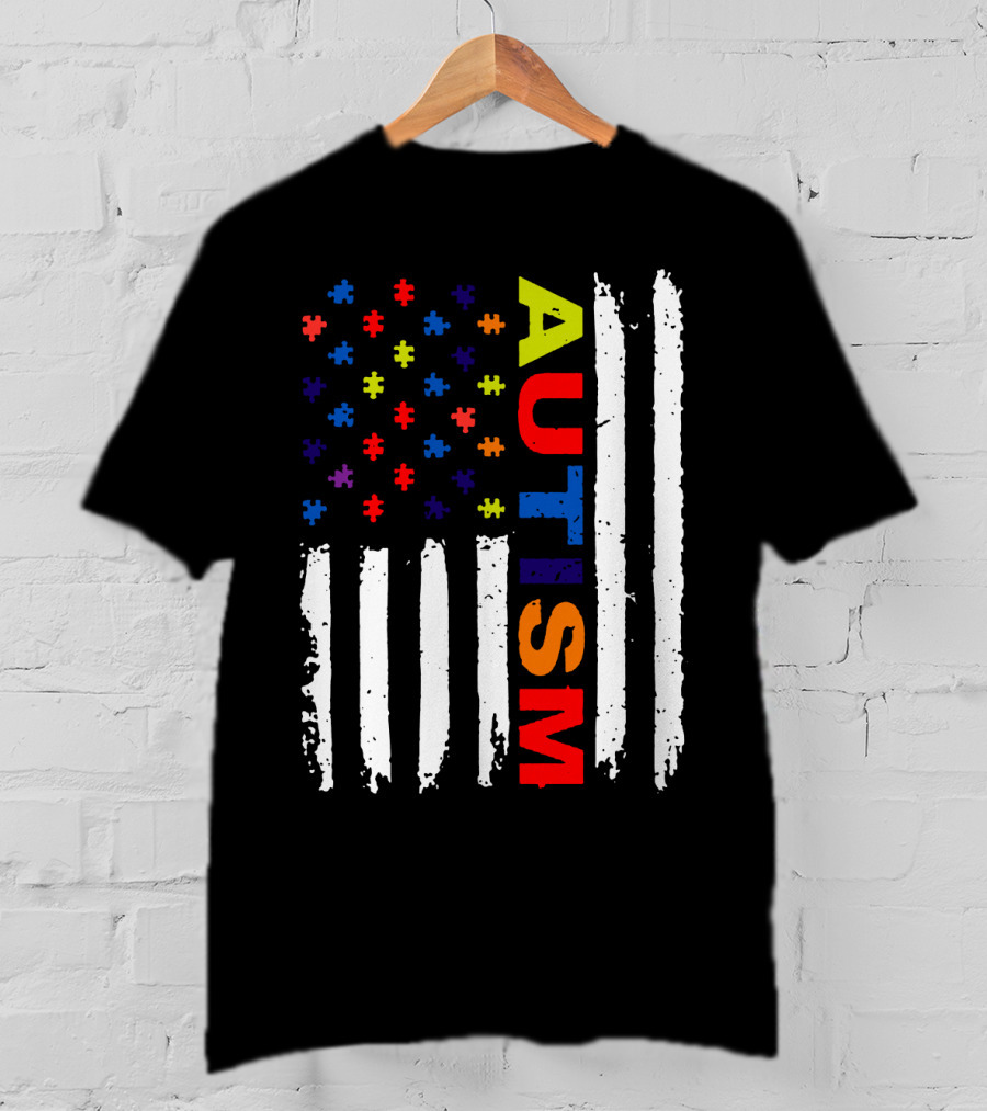 Autism Awareness Flag Design With Colorful Puzzle Pieces And Vertical Stripes T-Shirt
