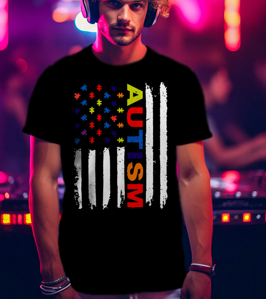 Autism Awareness Flag Design With Colorful Puzzle Pieces And Vertical Stripes T-Shirt