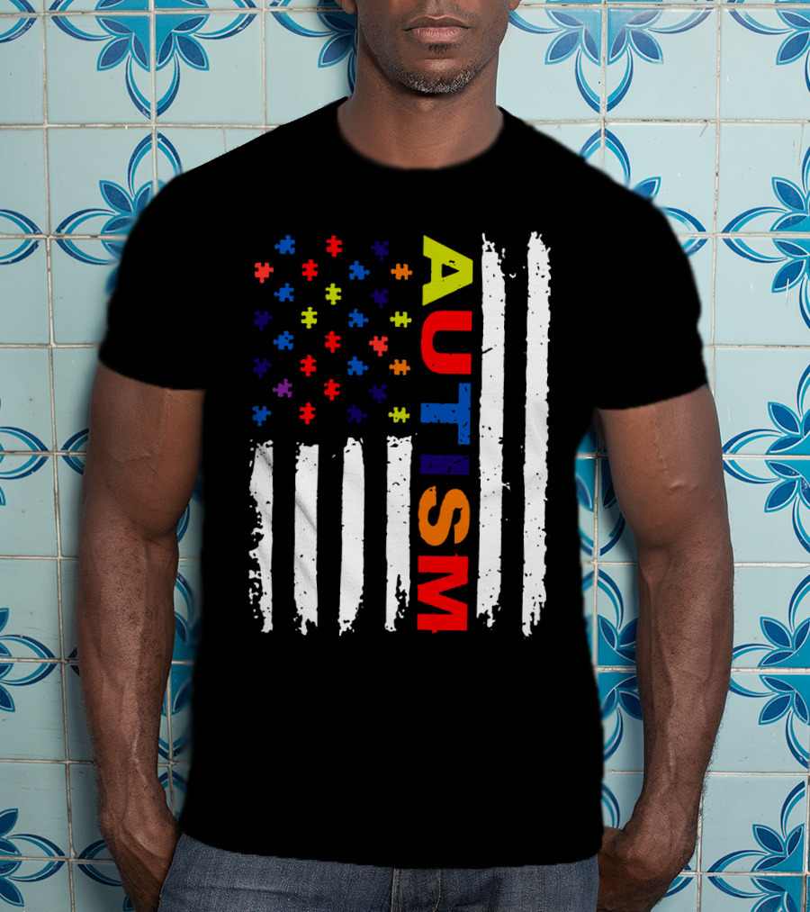 Autism Awareness Flag Design With Colorful Puzzle Pieces And Vertical Stripes T-Shirt