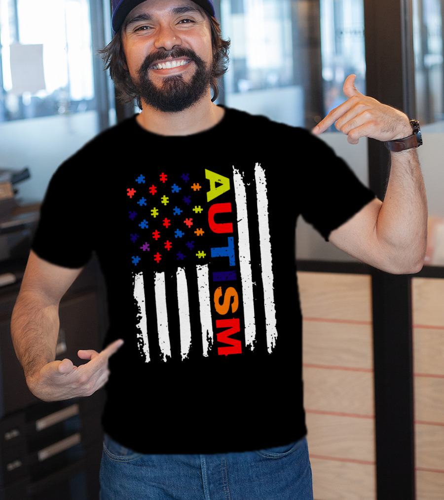 Autism Awareness Flag Design With Colorful Puzzle Pieces And Vertical Stripes T-Shirt