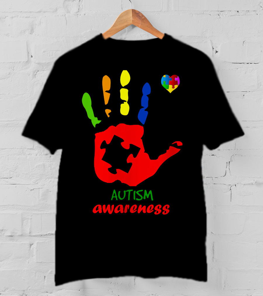 Autism Awareness Colorful Handprint With Puzzle Heart T-Shirt