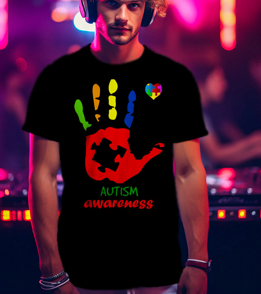 Autism Awareness Colorful Handprint With Puzzle Heart T-Shirt