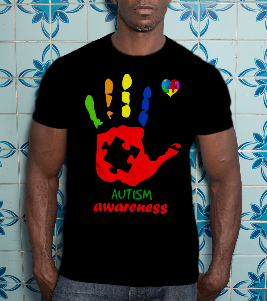 Autism Awareness Colorful Handprint With Puzzle Heart T-Shirt