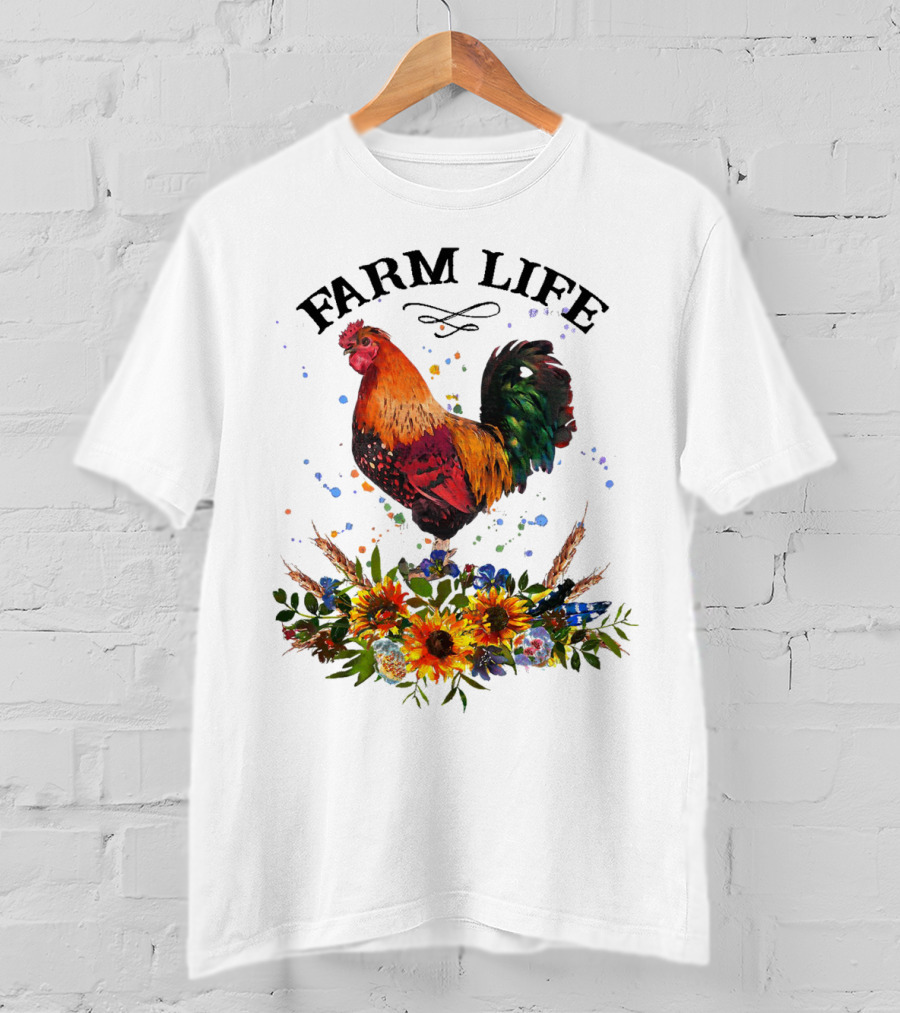 Farm Life Chicken Rooter With Colorful Rooster And Floral Arrangement T-Shirt