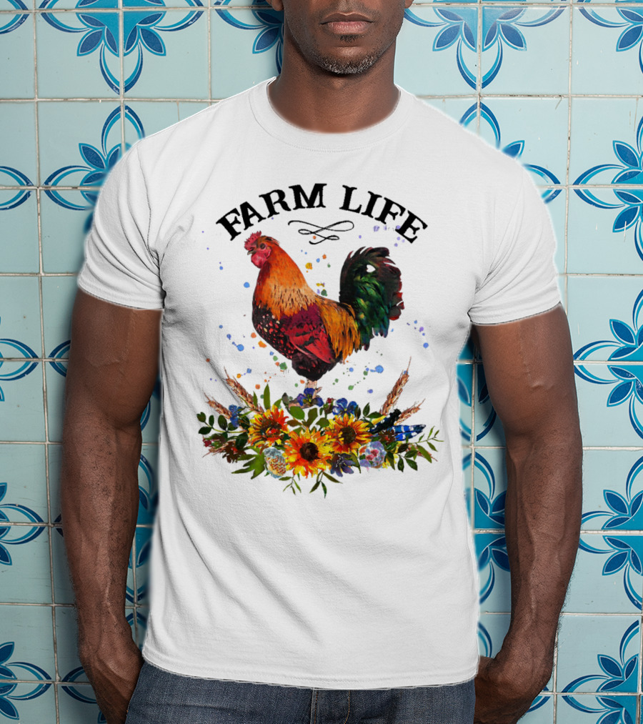 Farm Life Chicken Rooter With Colorful Rooster And Floral Arrangement T-Shirt