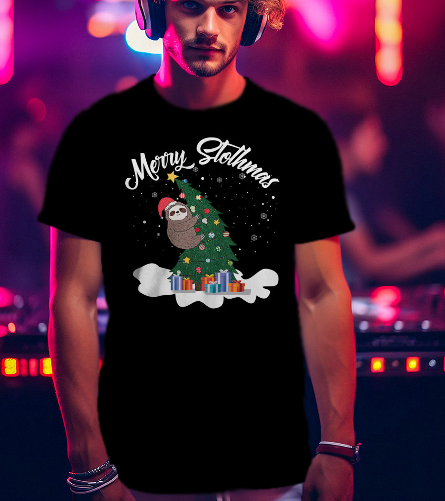 Merry Slothmas Christmas Sloth With Santa Hat On Christmas Tree And Snowflakes T-Shirt