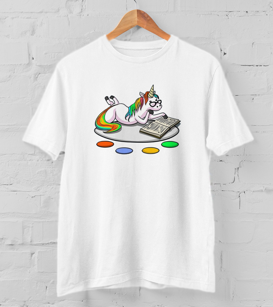 Unicorn Reading Book With Rainbow Mane And Glasses Surrounded By Colorful Dots T-Shirt