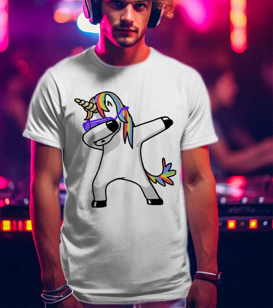 Colorful Rainbow Mane Unicorn In Dabbing Pose With Sunglasses T-Shirt