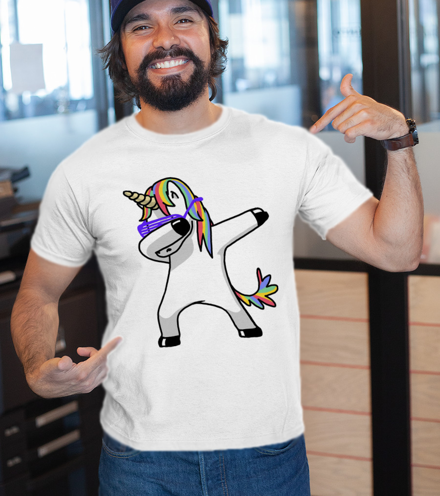 Colorful Rainbow Mane Unicorn In Dabbing Pose With Sunglasses T-Shirt