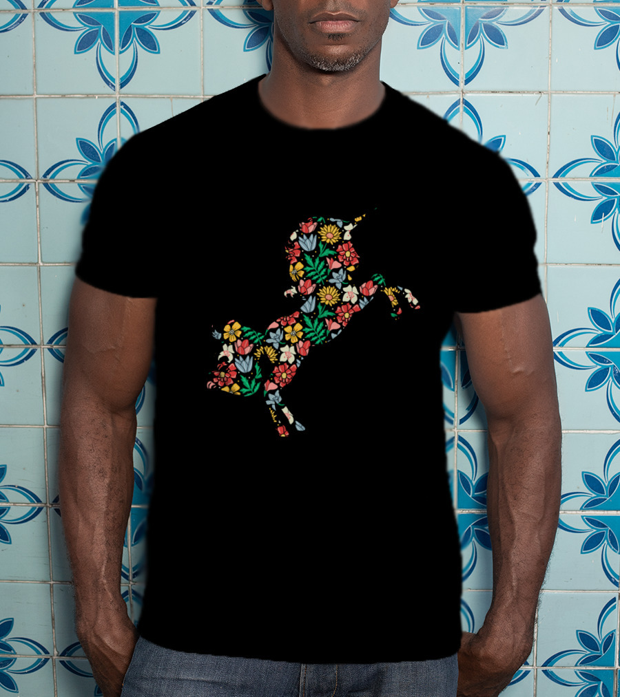 Unicorn Flower Silhouette With Vibrant Floral T-Shirt