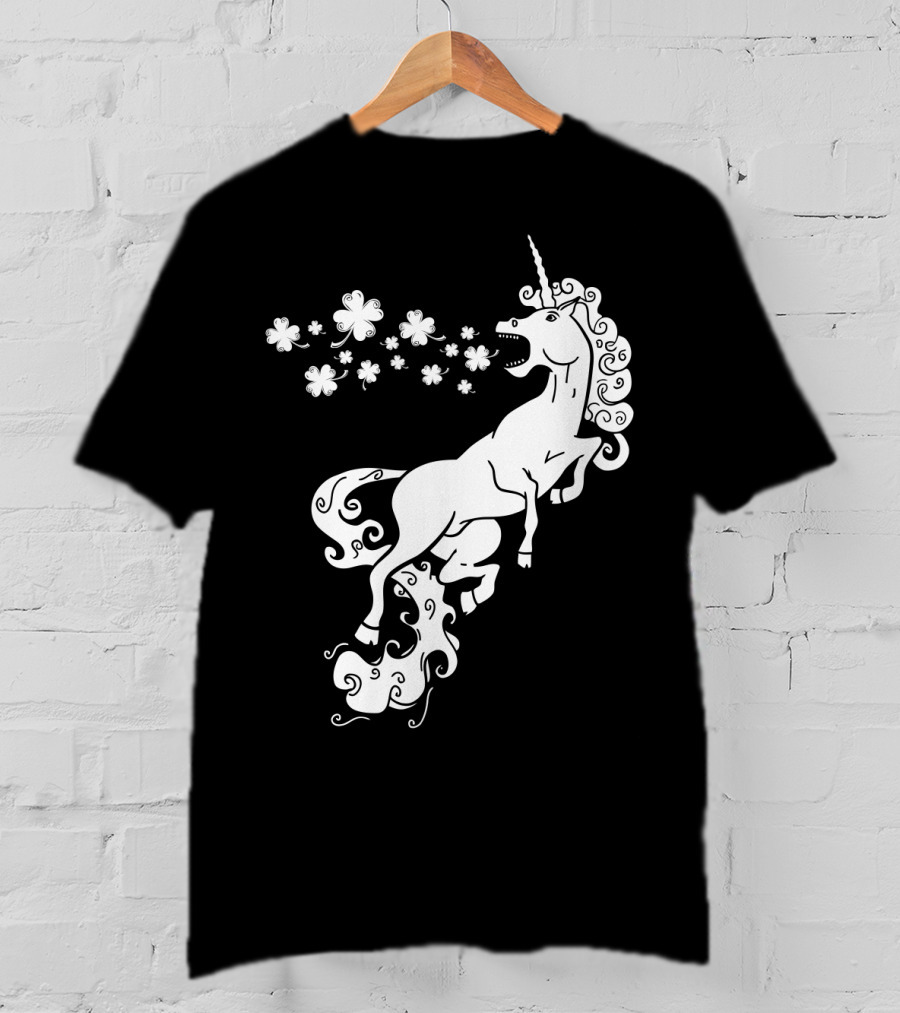 Unicorn Blowing Shamrock Flowers Mystical T-Shirt