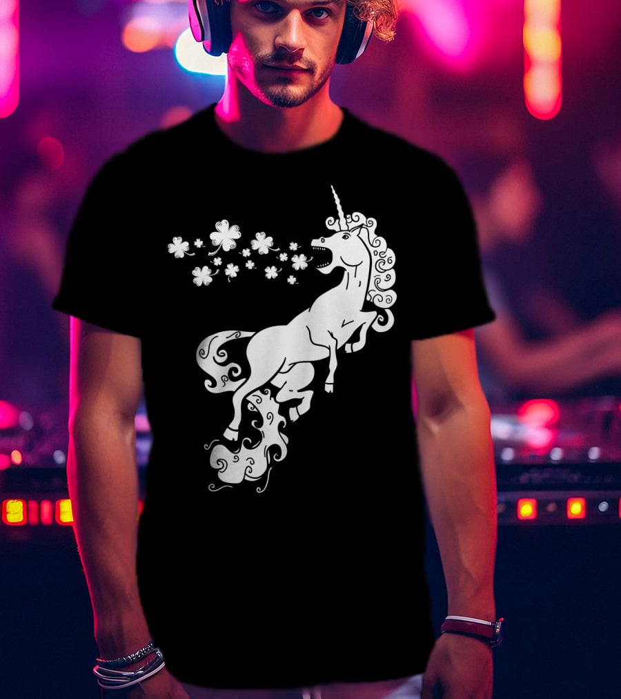 Unicorn Blowing Shamrock Flowers Mystical T-Shirt