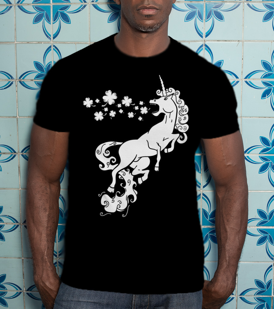 Unicorn Blowing Shamrock Flowers Mystical T-Shirt