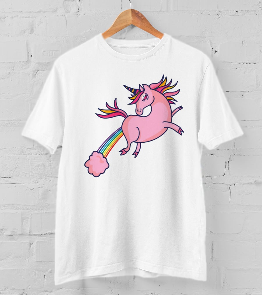 Magical Unicorn With Rainbow Tail And Puffy Clouds T-Shirt