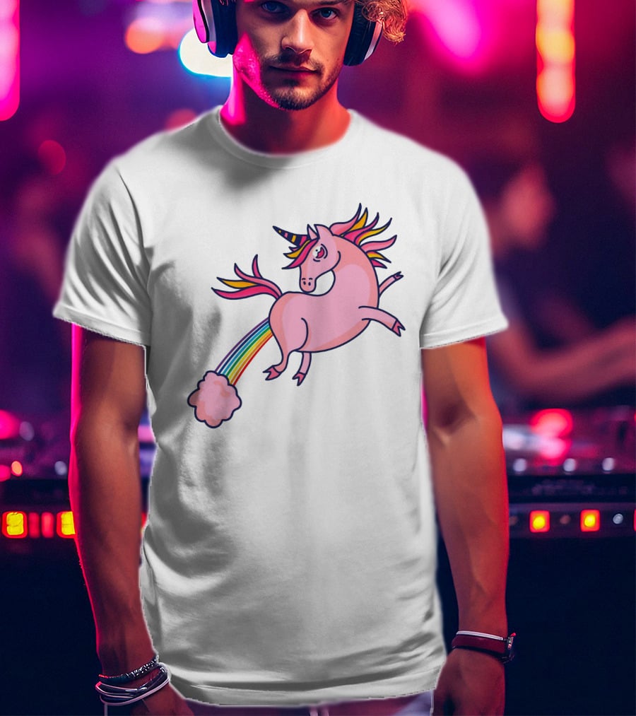 Magical Unicorn With Rainbow Tail And Puffy Clouds T-Shirt