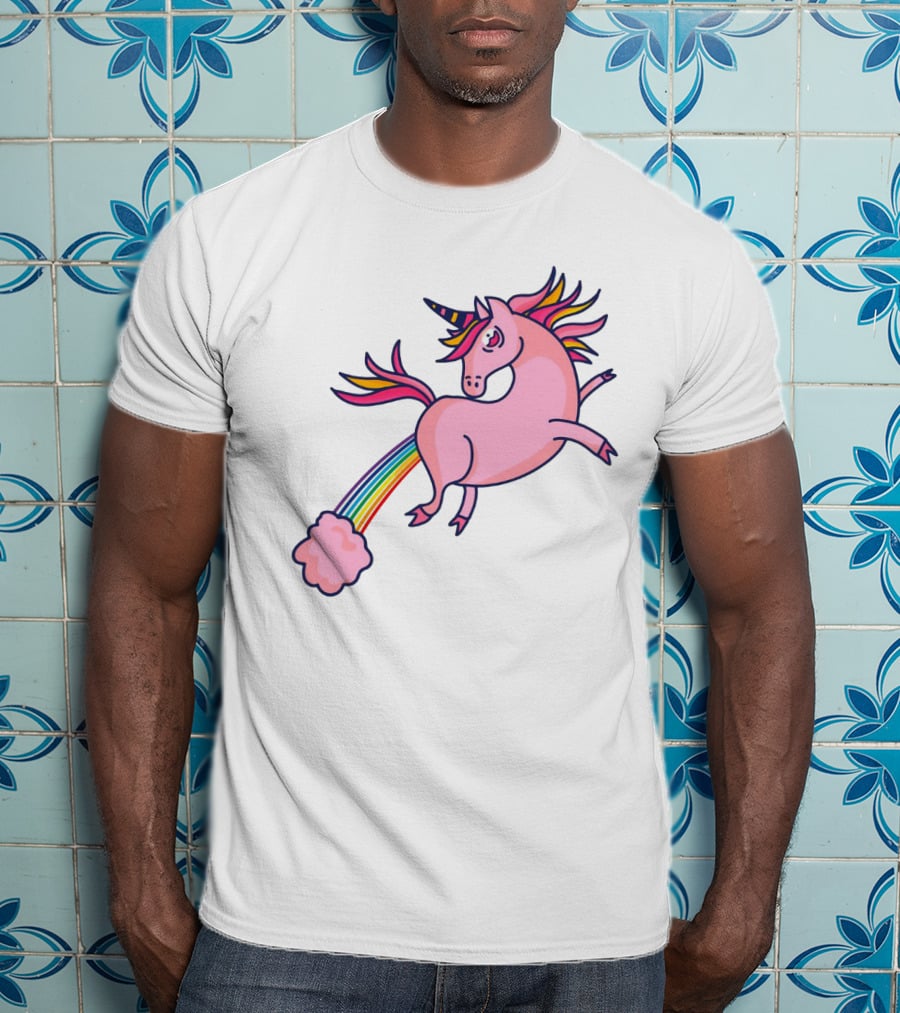 Magical Unicorn With Rainbow Tail And Puffy Clouds T-Shirt