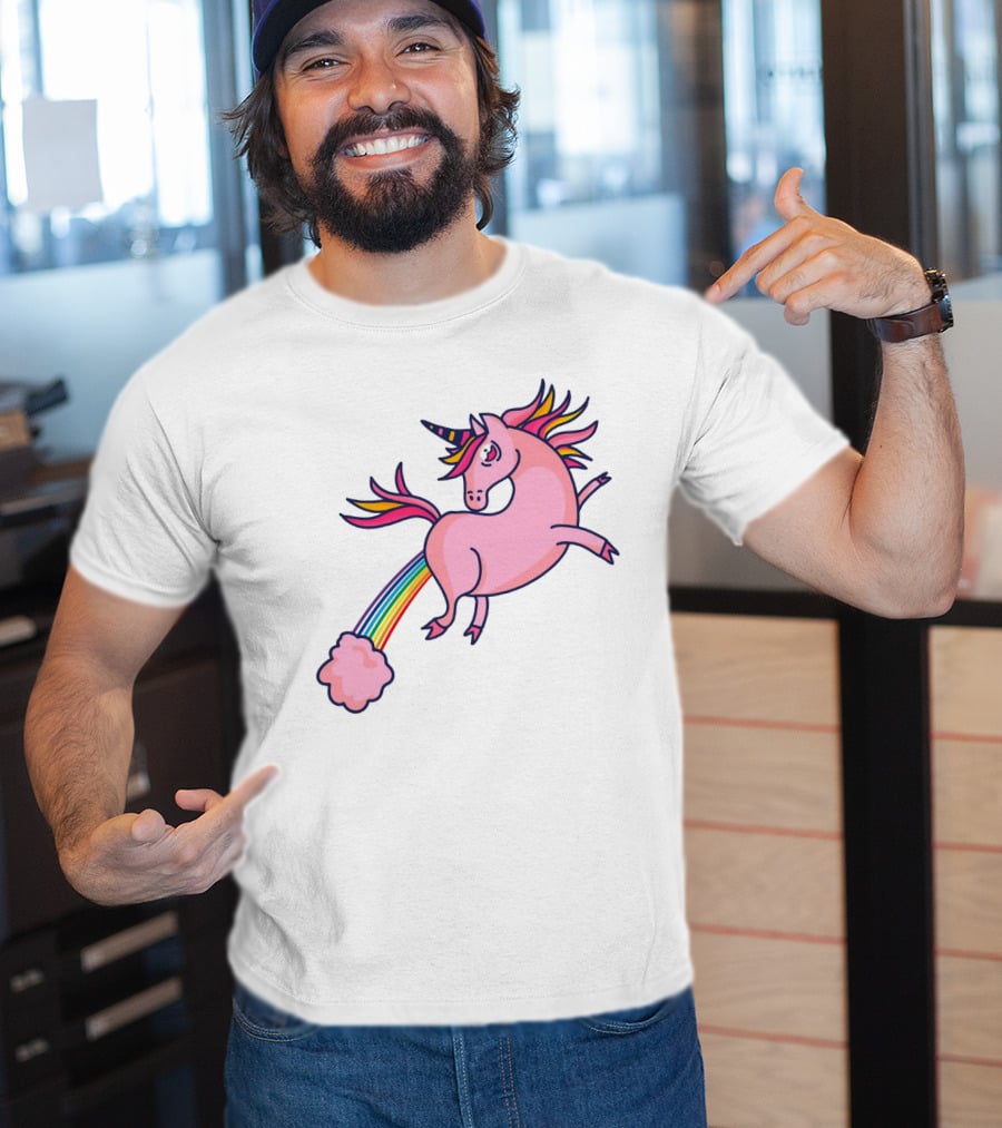 Magical Unicorn With Rainbow Tail And Puffy Clouds T-Shirt