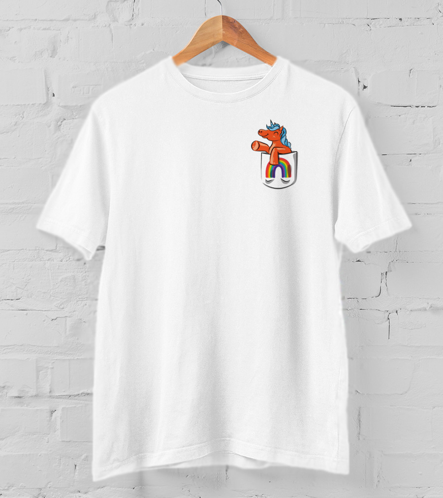 Orange Unicorn With Rainbow Pocket Swirl T-Shirt