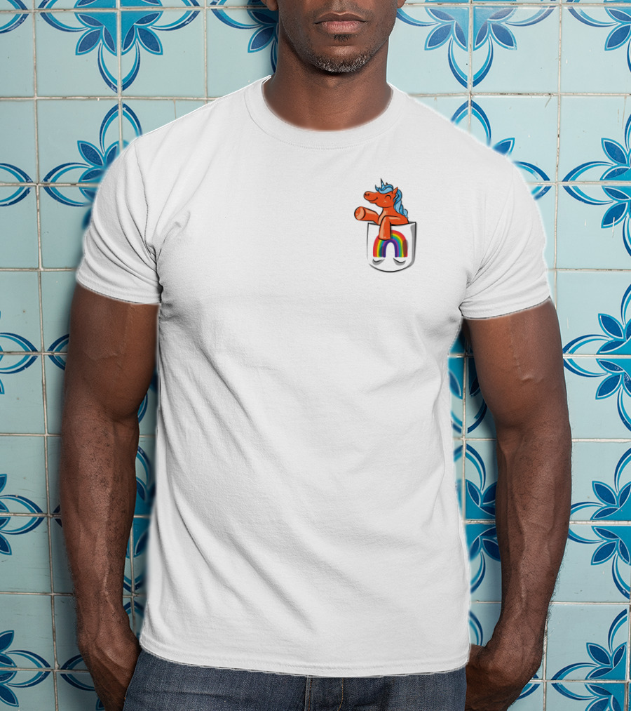Orange Unicorn With Rainbow Pocket Swirl T-Shirt