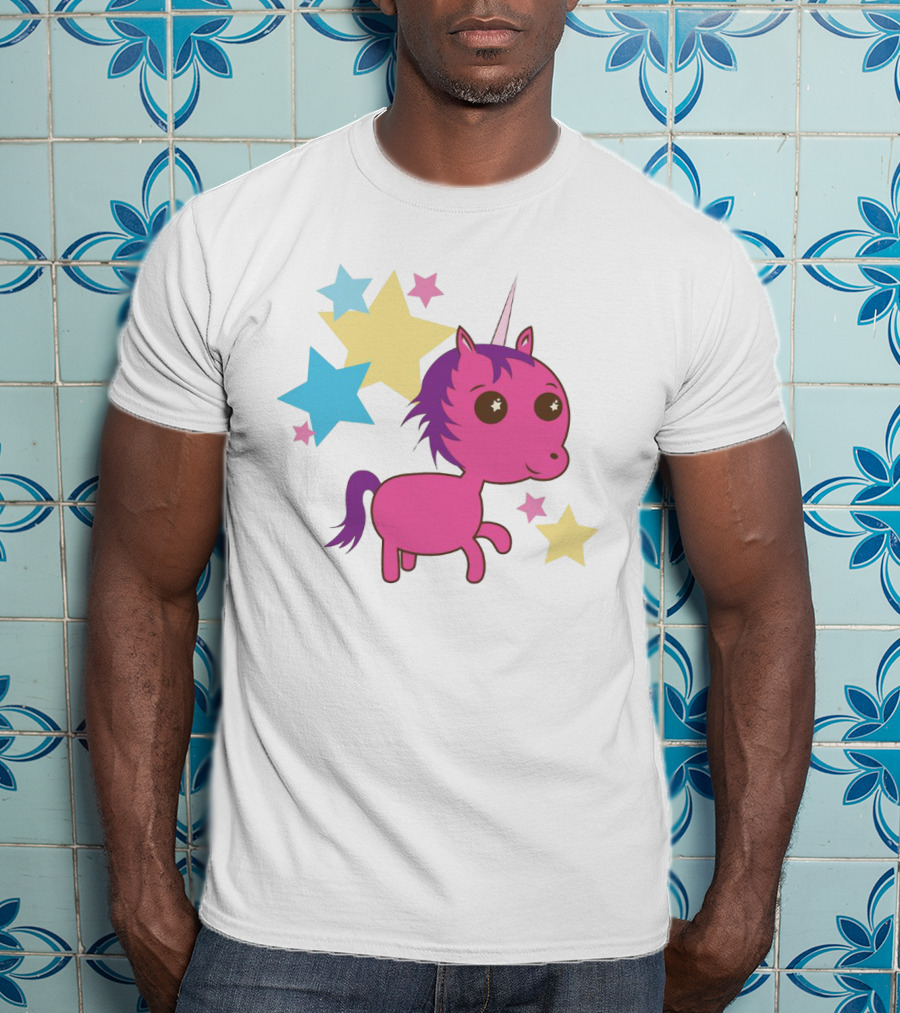Pink Trippin Sparkles Unicorn With Colorful Stars T-Shirt