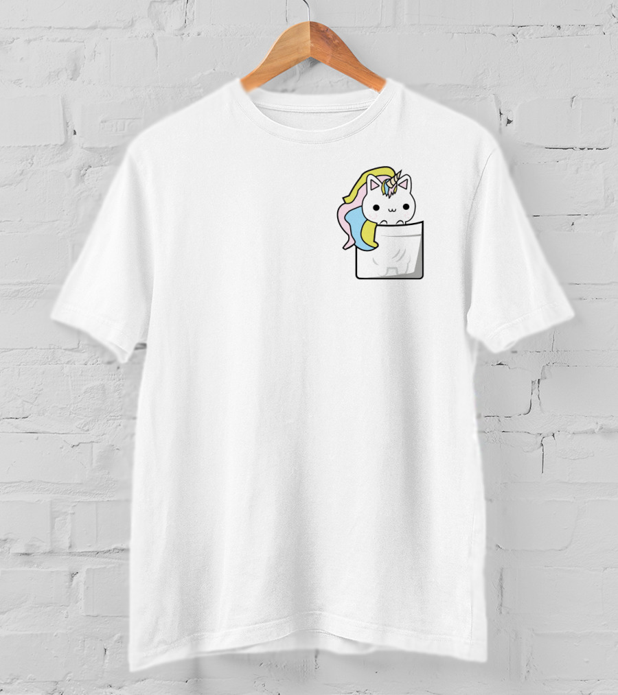 Pocket Unicorn Cat Kawaii Rainbow Mane Playful Cartoon T-Shirt