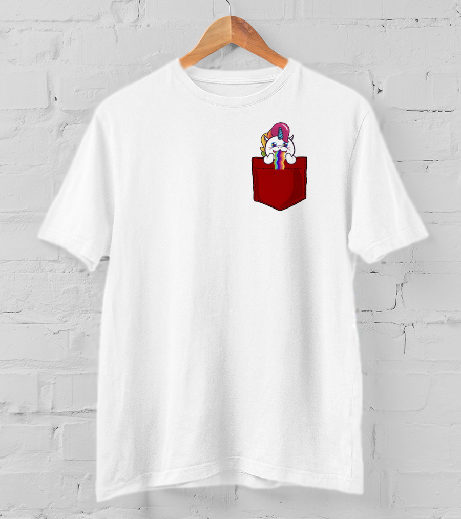 Crying Rainbow Unicorn In Red Pocket T-Shirt