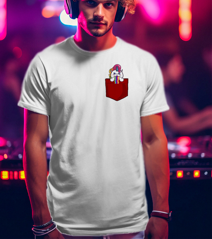 Crying Rainbow Unicorn In Red Pocket T-Shirt