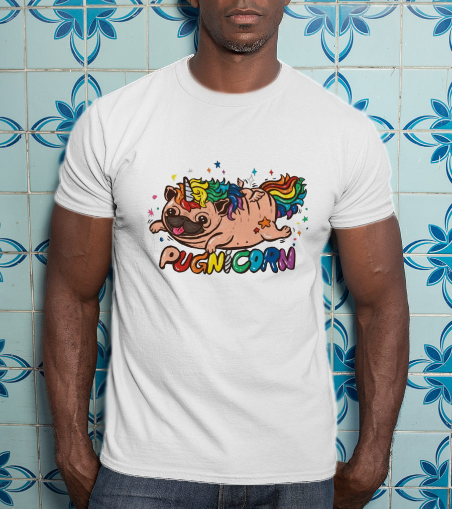 Pugnicorn Rainbow Unicorn Pug With Colorful Star Accents T-Shirt