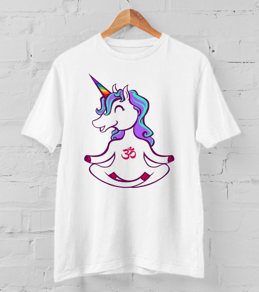 Colorful Yoga Unicorn With Om Symbol In Peaceful Pose T-Shirt