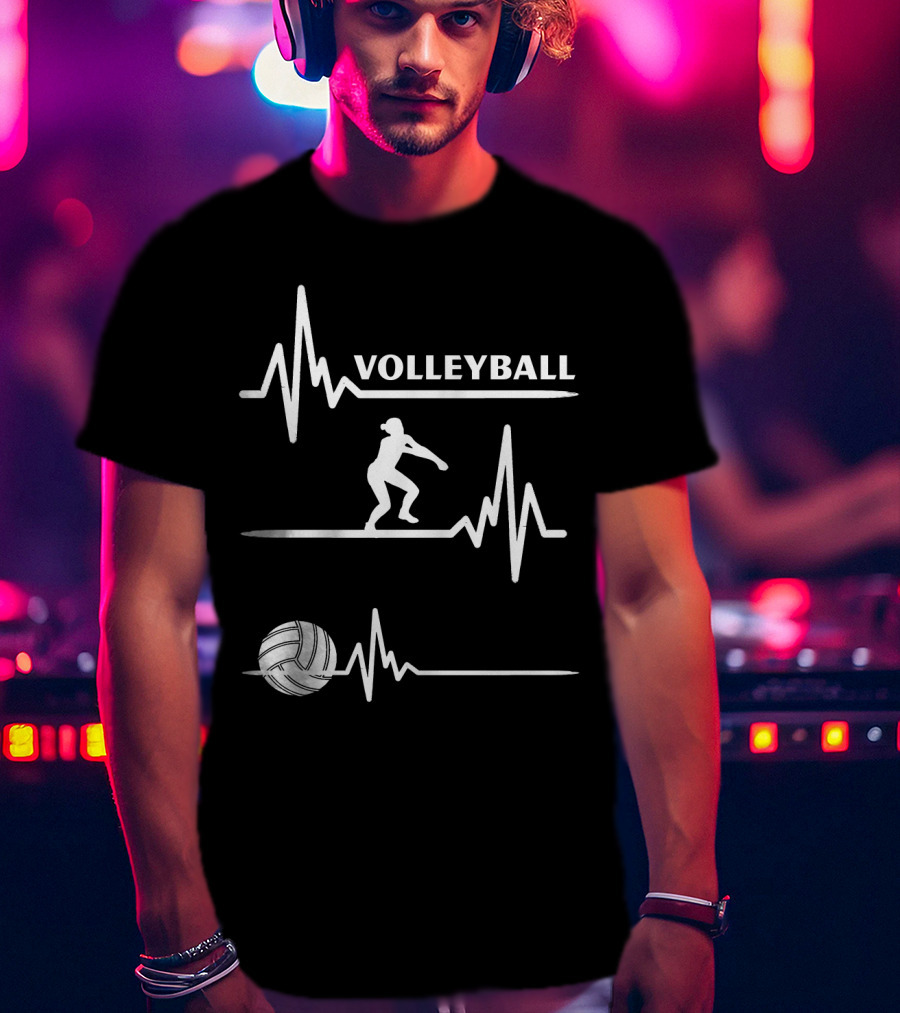 Volleyball Heartbeat Player Silhouette With Ball And Pulse Lines T-Shirt