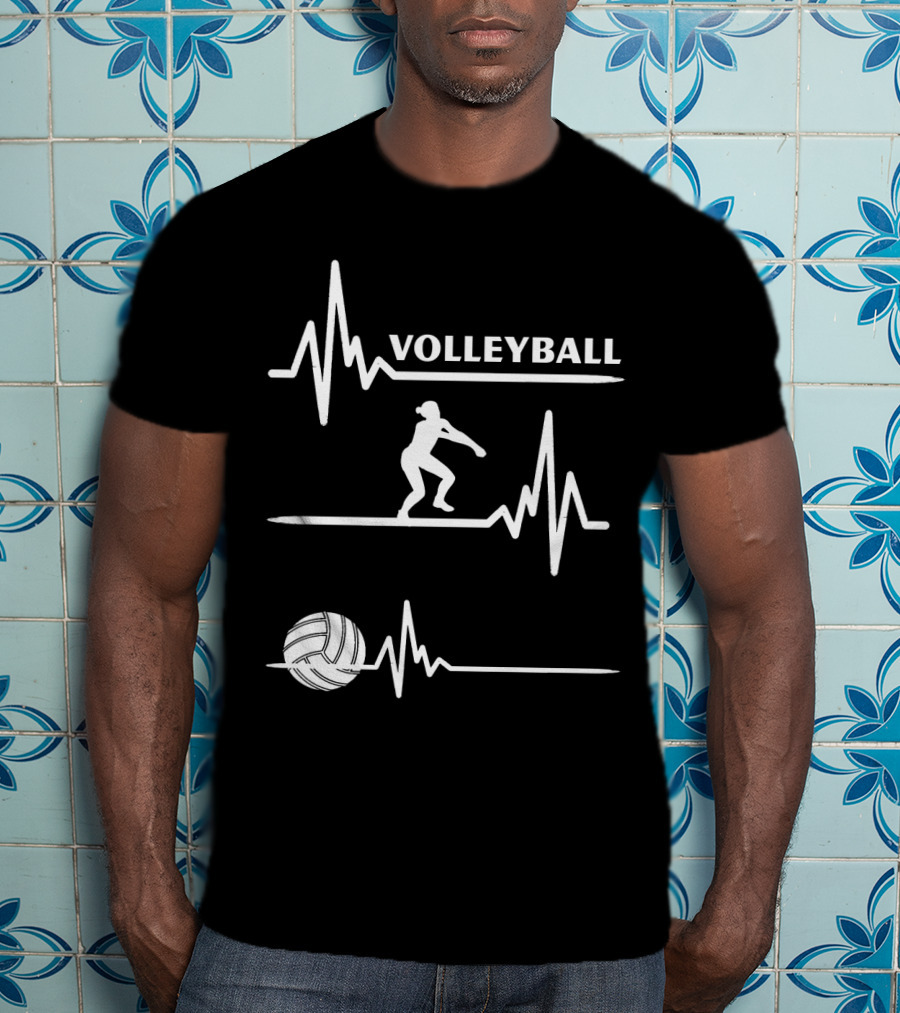 Volleyball Heartbeat Player Silhouette With Ball And Pulse Lines T-Shirt