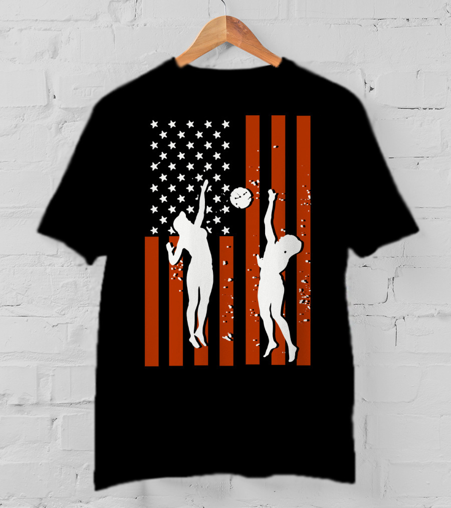 Volleyball Silhouettes Against American Flag Patriotic Sports Scene T-Shirt