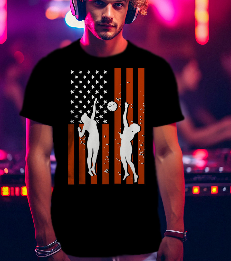 Volleyball Silhouettes Against American Flag Patriotic Sports Scene T-Shirt